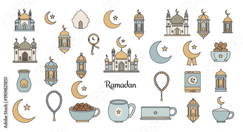Ramadan Islamic Icons & Symbols Collection: Mosques, Lanterns, Moon, Stars, Prayer Beads