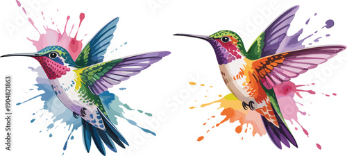 Colorful hummingbirds illustration, vibrant paint splash art, expressive flying birds design, bold brushstroke wildlife, whimsical fantasy nature artwork scene