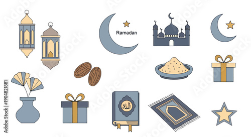Ramadan Symbols Set: Mosque, Crescent Moon, Lanterns, Quran, Dates, Prayer Mat, Gifts, Star