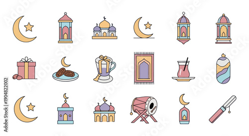 Ramadan Icons Collection: Crescent Moon, Lanterns, Mosque, Dates, Tea, Gift, Drum