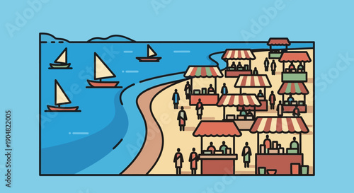 A vibrant coastal scene unfolds with a bustling marketplace set against the backdrop of a calm sea dotted with sailboats, illustrating a lively summer vacation or seaside town