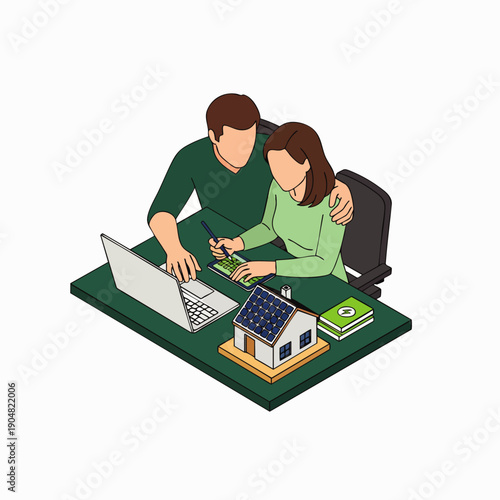 Couple working together on finances and home planning with solar energy concept