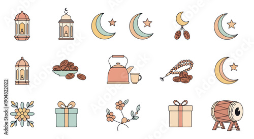 Ramadan Kareem Icons: Moon, Lantern, Dates, Gifts, Drum, Tea Set, Flowers