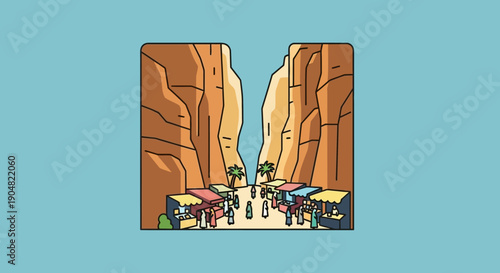 A picturesque depiction of a vibrant desert marketplace nestled between towering sandstone cliffs, evoking a sense of adventure and cultural immersion