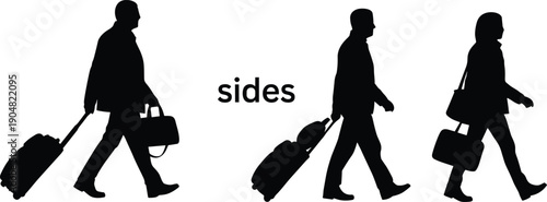 Set of traveling people silhouettes walking with suitcases, men and women travelers with luggage bags, side view vector for travel