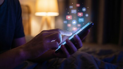 Person using a smartphone in a dimly lit room with glowing social notification icons and digital interactions surrounding the device, conveying mobile connectivity and engagement