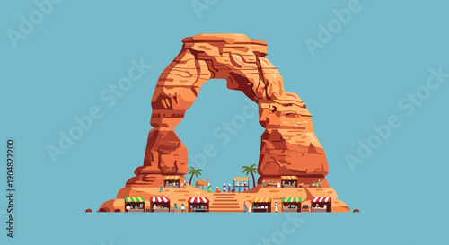 Flat vector illustration of a majestic red sandstone arch landmark in a desert canyon, featuring a bustling tourist market with stalls and shops