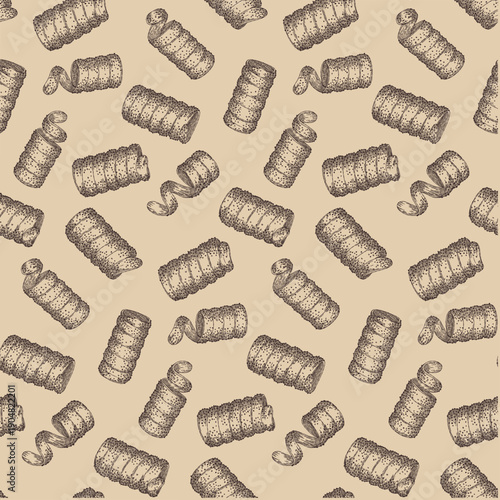 Seamless pattern with hand drawn trdelnik and chimney cakes. Traditional Czech sweet pastry with cinnamon and sugar in vintage sketch style. Background for bakery and cafe.