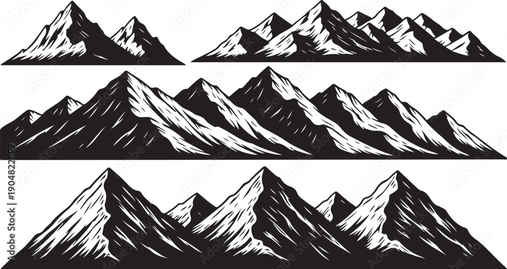Fototapeta premium Collection of Stylized Mountain Range Silhouettes in Black and White mountains peak