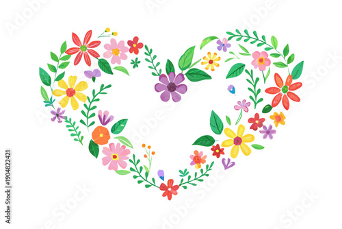 The shape of a heart drawn with a multitude of leaves and colorful flowers on a white background - Valentine's Day - Lovers' Day - Spring is coming .vector icon