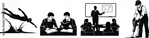 Silhouette illustration of human activities, diving sport action, students studying, classroom teaching scene, construction worker labor, black and white art