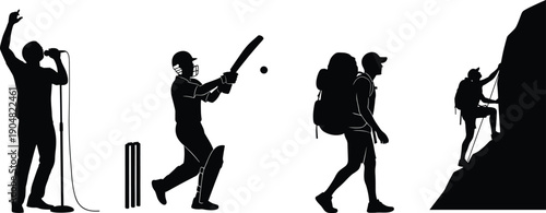 Silhouette illustration of human activities, singer performing, cricket player action, hikers walking, rock climber adventure, black and white art design