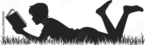 Silhouette of a person lying on grass reading a book, relaxed outdoor leisure activity, student studying in nature vector.