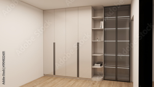 Modern built-in wardrobe with matte beige doors, slim vertical handles, open corner shelves, and glass display cabinet, creating a clean, elegant, and functional storage space