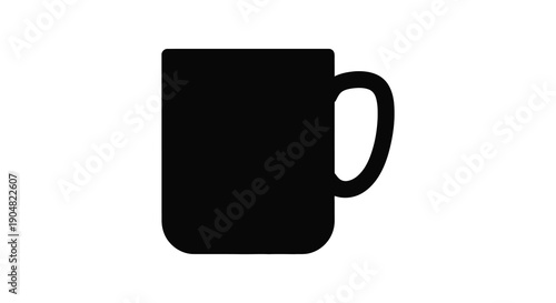 A simple stark black silhouette depicts a standard coffee mug with a curved handle isolated on white
