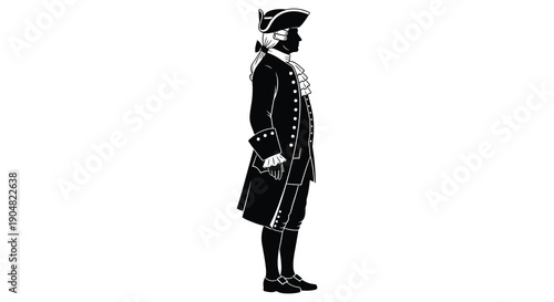 A stark black and white silhouette depicts a man in 18th century attire holding a book high quality professional detailed modern