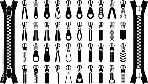 A Clean Vector Illustration Collection of Zipper Pulls, Diverse Styles for Fashion and Industrial Applications