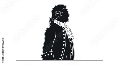 A striking silhouette depicts a man in 18th century attire showcasing a powdered wig and formal coat high quality