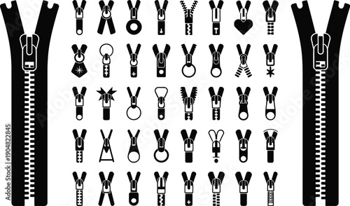 A clean vector illustration collection showcasing diverse zipper pull designs and classic fasteners, perfect for textile and garment accessory graphic projects