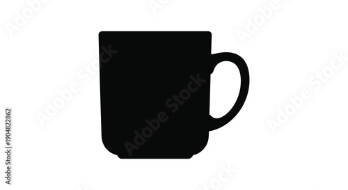 A minimalist black silhouette depicts a simple slightly rounded mug with a comfortable handle high quality professional detailed