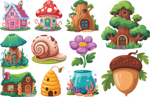 Whimsical fantasy houses illustration, cartoon mushroom home, tree trunk house, gingerbread cottage, snail shell dwelling, playful kids design art
