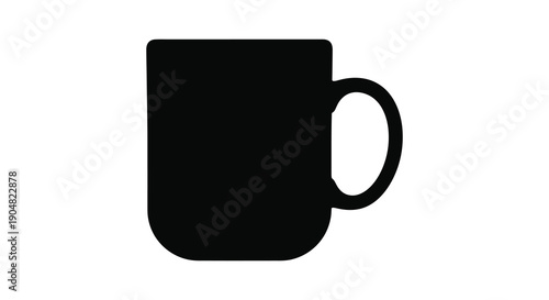 A simple black silhouette of a coffee mug is displayed against a stark white background offering a minimalist design