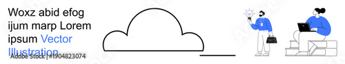 Cloud computing, innovation, technology, business, ideas, remote work. A cloud icon with a woman holding a lamp and another with a laptop. Cloud computing and innovation concept