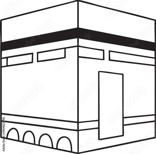 Kaaba Line Icon Illustration in Black and White, Minimal Islamic Holy Site Symbol