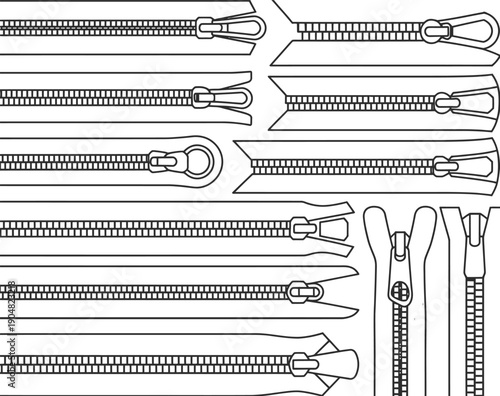 A Detailed Technical Illustration Showcasing Various Types of Zippers and Their Components