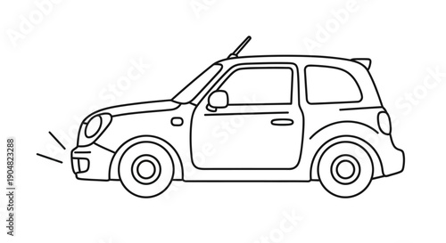 Simple line drawing of a small car with an open door and damaged front