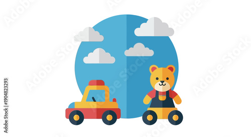 Playful illustration of a teddy bear riding in a toy car under a cloudy sky
