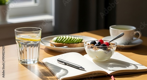 A complete healthy morning breakfast with a notebook on a sunny table.