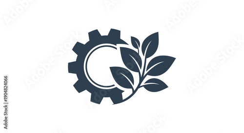 A symbolic logo combining a dark blue gear with a sprig of leaves representing industry and nature