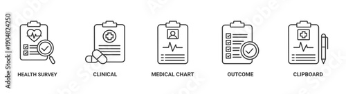 Healthcare survey banner web icon vector illustration concept with icon of health survey, clinical, medical chart, outcome, and clipboard