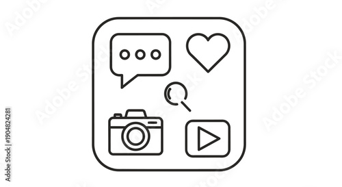 Social media icons in a square frame chat like search camera and play