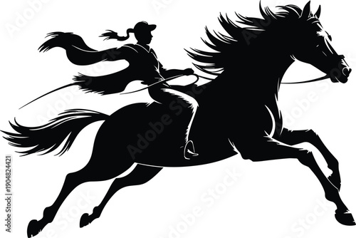 Cowgirl riding galloping horse silhouette, western rodeo action scene, equestrian sport illustration isolated white background dynamic motion speed power freedom