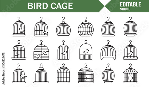 Bird Cage Vector Line Icons Isolated on White