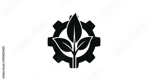 A striking black and white logo features a stylized leaf integrated with a gear mechanism symbolizing growth and industry