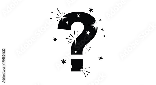 A striking black question mark silhouette is dynamically surrounded by radiating white sparkles and stars high quality professional