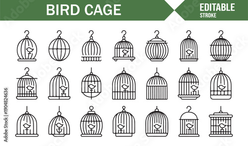 Pet Bird Cage Linear Icons for Design