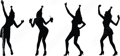 Party women silhouette dancing with celebration hats, nightlife event concept, joyful female dance poses illustration isolated white background
