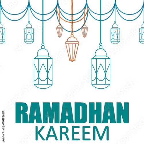 Elegant Ramadan Kareem Hanging Lantern Garland  Minimal Islamic Fanous Line Art Decoration on White Background Vector