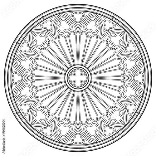 Trendy vector black and white round ornament. Gothic style stained glass window frame. Symmetric geometric pattern for coloring book, tattoo, or laser cutting. Isolated on white background
