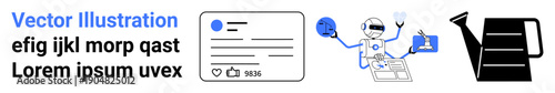 Artificial intelligence, social media analytics, identity verification, data processing, gardening, and automation concepts. Robot with icons, profile card design watering can silhouette. AI