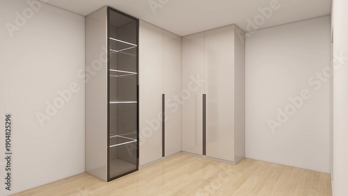 Modern built-in wardrobe with matte beige doors, slim vertical handles, open corner shelves, and glass display cabinet, creating a clean, elegant, and functional storage space