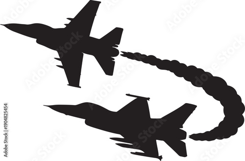 Silhouette of military jet dogfight aerial combat
