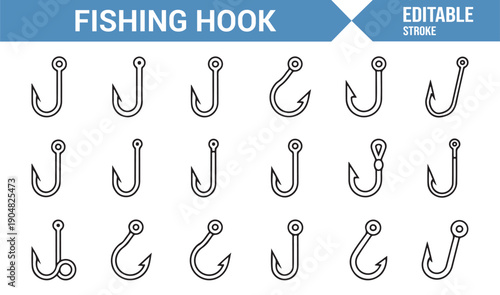 Fishing Hook Vector Outline Icons Isolated on White