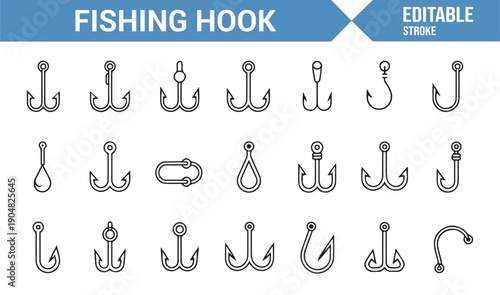 Fishing Gear Hook Linear Icons for Outdoor Design