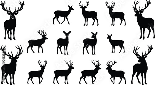 Deer silhouette icon collection featuring stag buck doe and fawn poses wildlife animal set minimal black vector isolated on white background