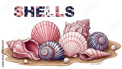 Sea Shells Collection on Sand with Decorative Patterned Shells Text Collage
